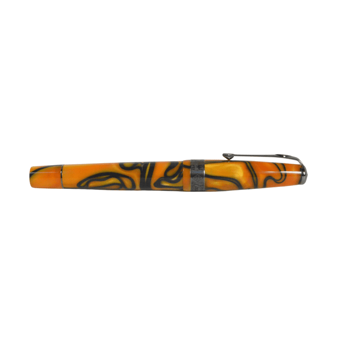 Conway Stewart Model 100 SE Orange Swirl fountain pen with black trim, showcasing its vibrant orange and black design.