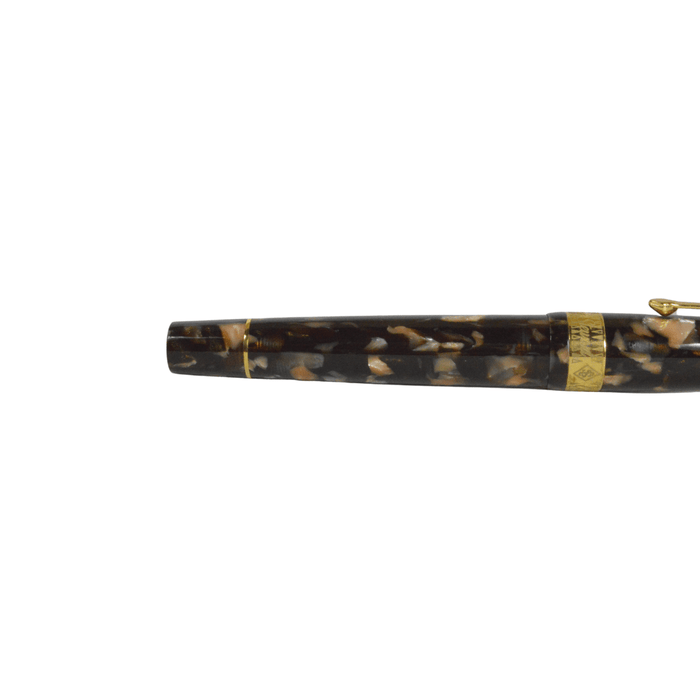 Conway Stewart Model 100 Tortoise fountain pen with gold accents and fine nib, showcasing its elegant tortoise-patterned resin body.
