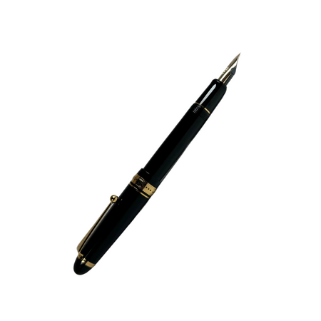 Pilot Custom 743 black fountain pen with gold accents, showcasing its elegant design and fine nib.