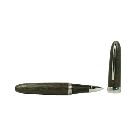 Jean-Pierre Lepine Winston rollerball pen with morta body and chrome accessory, elegant writing instrument on dark background.