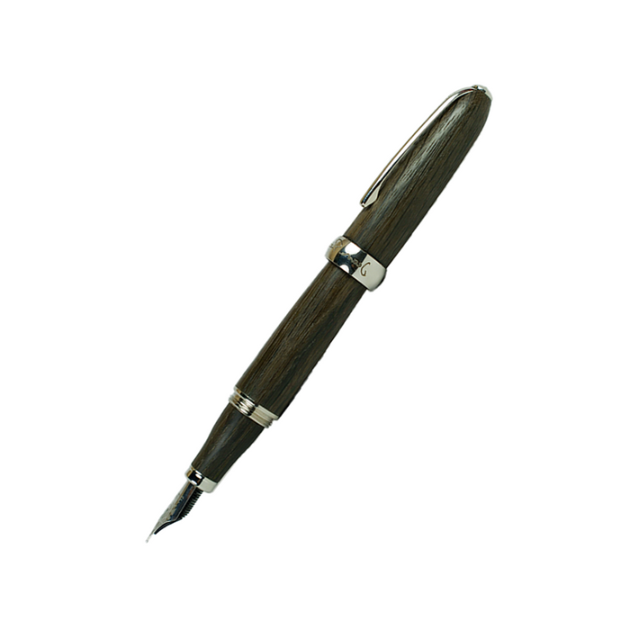 Dark morta fountain pen by Jean-Pierre Lepine Winston with chrome accents, showcasing elegant craftsmanship and detailed design.