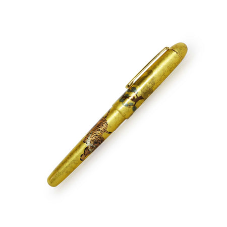 Platinum Century fountain pen with Matsu-Tora design, featuring a sleek body and gold accents, on a white background.