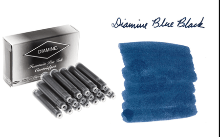 Blue-black Diamine fountain pen ink cartridge in international size, compatible with various fountain pens.