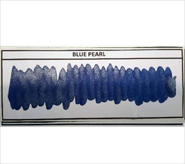 Diamine Shimmertastic Blue Pearl fountain pen ink with shimmering effects, in a glass bottle with ink swirls visible.