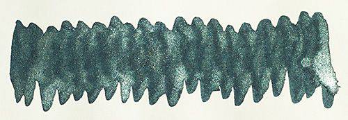Diamine Shimmertastic Enchanted Ocean fountain pen ink bottle with shimmering blue and green hues, vibrant and reflective in natural light.