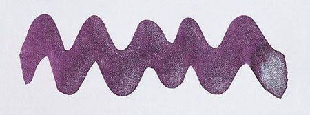 Diamine Shimmertastic Frosted Orchid fountain pen ink in a bottle with shimmering purple ink visible inside.