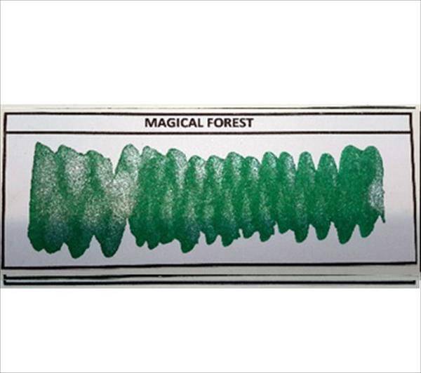 Diamine Shimmertastic Magical Forest fountain pen ink bottle with shimmering green and gold ink inside.