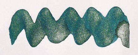 Diamine Shimmertastic Peacock Flare shimmering fountain pen ink in a glass bottle with vibrant blue and green shimmer.