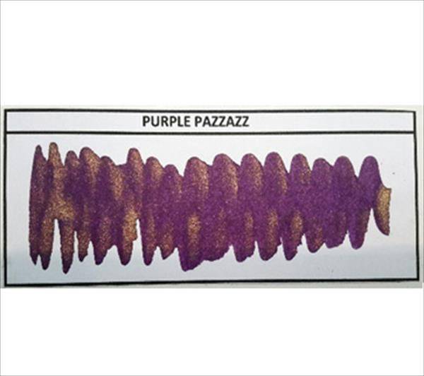 Diamine Shimmertastic Purple Pazzazz fountain pen ink in a bottle with shimmering purple ink visible inside.