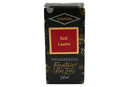 Diamine Shimmertastic red lustre fountain pen ink in a bottle, showcasing its shimmering red ink for elegant writing.