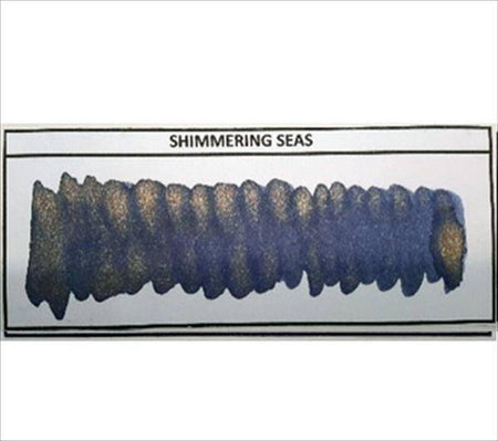 Diamine Shimmertastic Shimmering Seas fountain pen ink in a bottle with shimmering blue-green ink visible inside.
