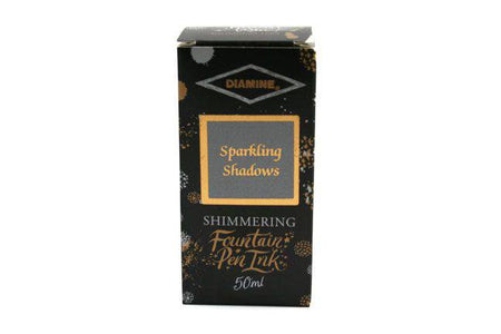 Diamine Shimmertastic Sparkling Shadows fountain pen ink showing a shimmering, dark ink with sparkling effects in a glass bottle.