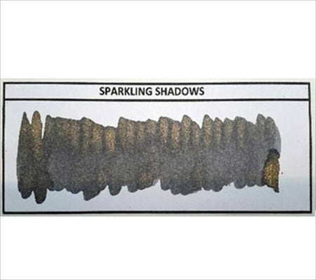 Diamine Shimmertastic Shimmering Fountain Pen Ink in Sparkling Shadows with shimmering, dark ink and sparkling accents.