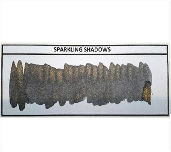 Diamine Shimmertastic Shimmering Fountain Pen Ink in Sparkling Shadows with shimmering, dark ink and sparkling accents.