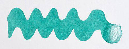 Diamine Shimmertastic Spearmint Diva fountain pen ink with shimmering mint-green color and metallic accents in a glass bottle.