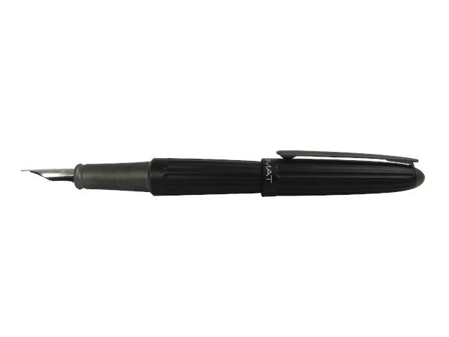Black Diplomat Aero fountain pen with gold accents, featuring an elegant design and fine nib for smooth writing.
