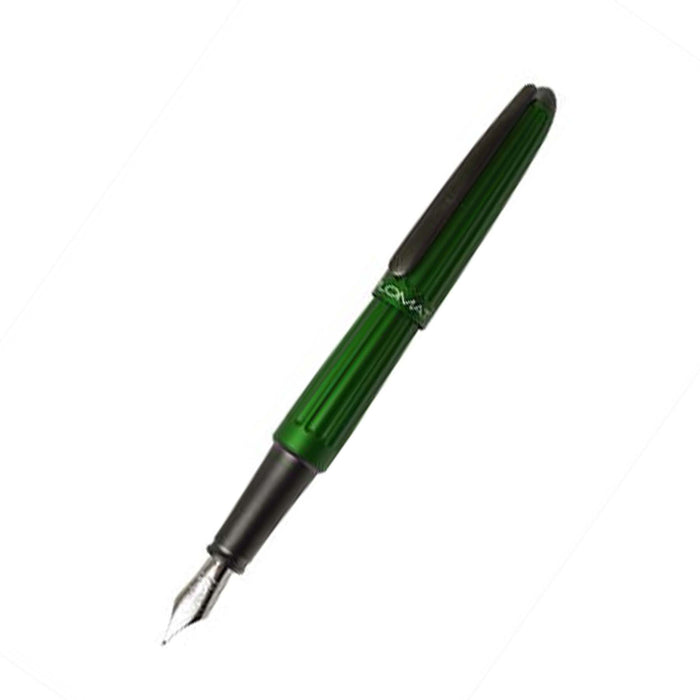 Green Diplomat Aero Fountain Pen with fine nib, featuring sleek design and smooth ink flow for writing comfort.