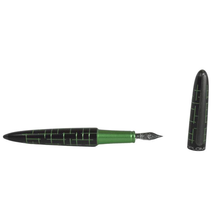 Diplomat Elox fountain pen with black and green matrix design, featuring a sleek body and fine nib for smooth writing.