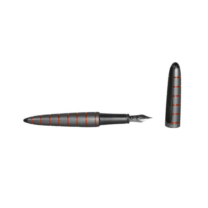 Diplomat Elox fountain pen with grey and orange resin barrel, fine nib, sleek design, and gold accents.
