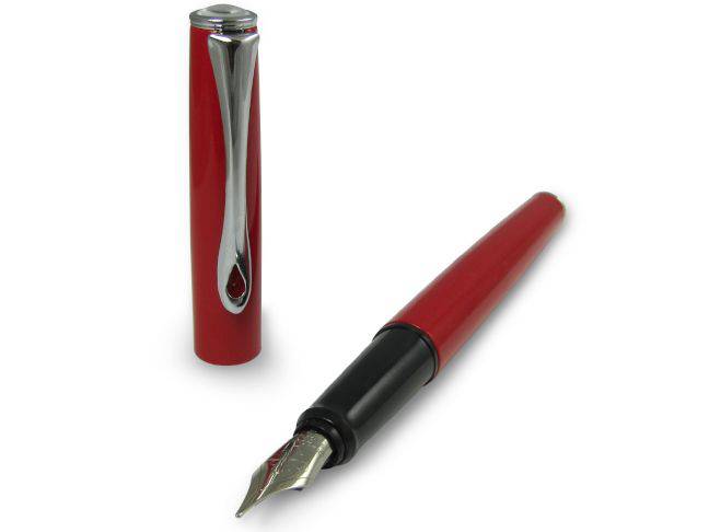 Diplomat Esteem Red Lacquer Fountain Pen with gold accents, showcasing its elegant design and fine nib.