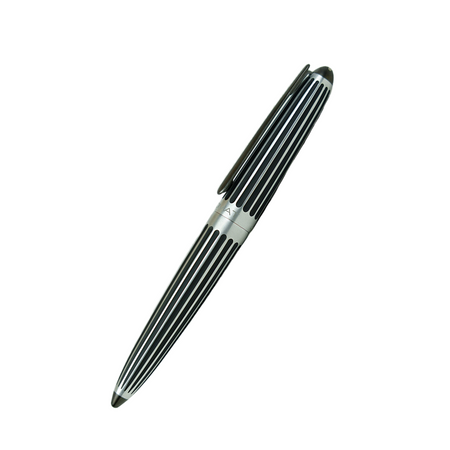 Black striped Diplomat Aero rollerball pen with sleek design and silver accents, shown on a white background.