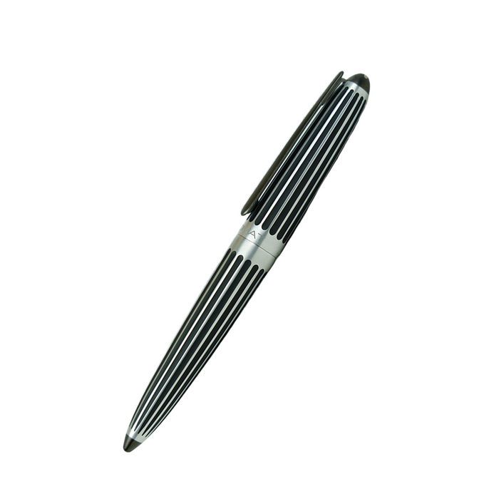 Black striped Diplomat Aero rollerball pen with sleek design and silver accents, shown on a white background.