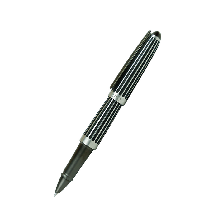 Diplomat Aero rollerball pen with black and silver striped design, sleek writing instrument for professional use.