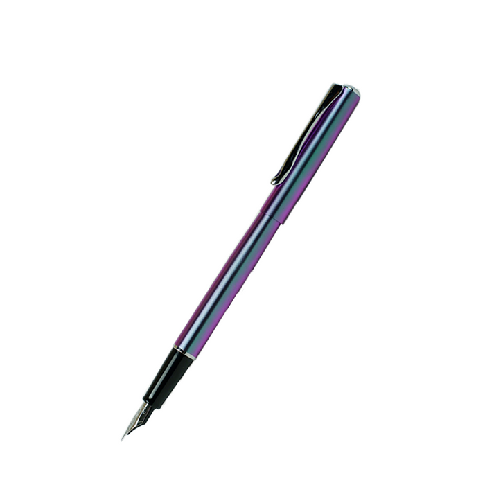 Diplomat Traveller fountain pen in funky petrol with blue and purple accents, showcasing its sleek design and vibrant color.