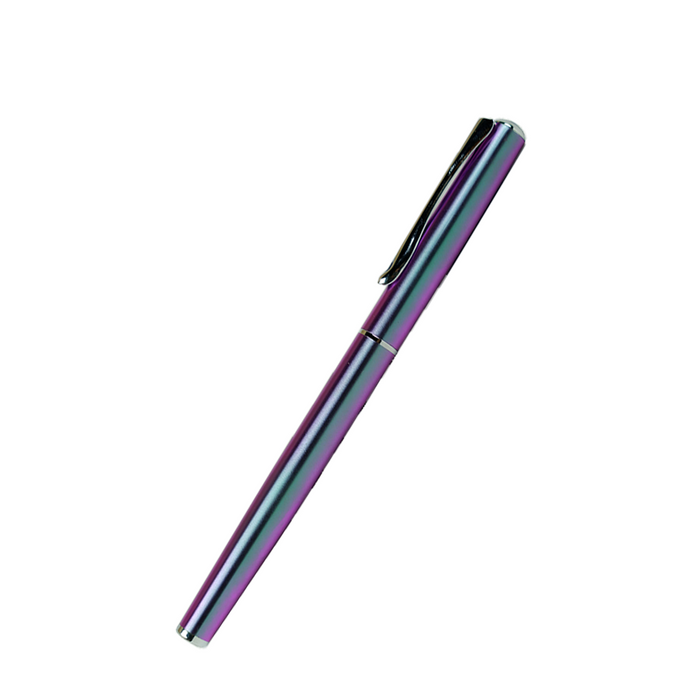 Diplomat Traveller fountain pen in funky petrol color with blue and purple accents, showcasing its sleek design and smooth ink flow.