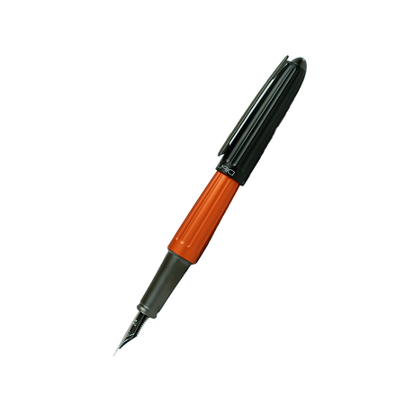 Diplomat Aero fountain pen with black body and orange accents, showcasing its sleek design and fine nib.