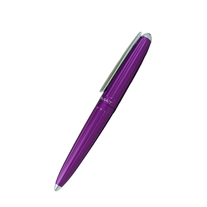 Violet Diplomat Aero rollerball pen with sleek design and silver accents, shown with cap on and writing tip visible.