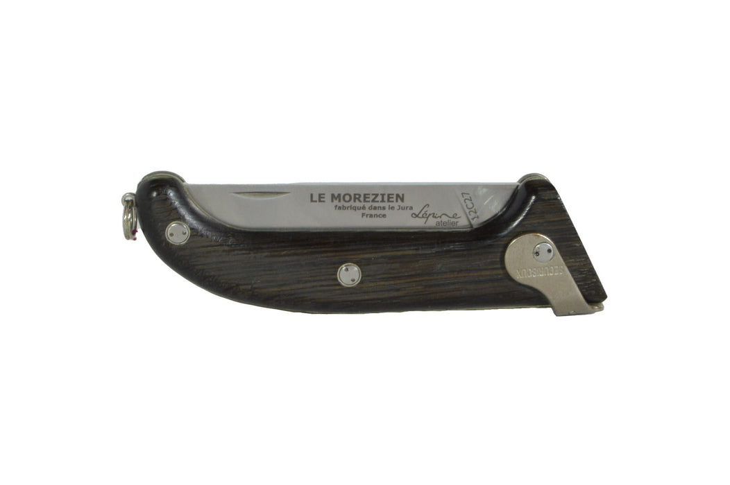 Jean Pierre-Lepine Le Morezien Morta Wood club knife with a textured handle and sharp blade, handcrafted by Jean-Pierre Lepine.