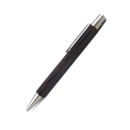 e+m Germany Vivo ballpoint pen with wenge wood finish, sleek design, and metal clip for smooth writing.