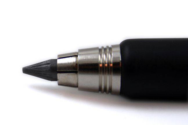 e+m Germany Grip Nature 5.5mm clutch mechanical pencil in black and chrome with textured grip for easy drawing and writing.