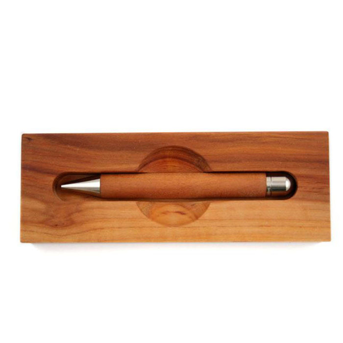 e+m Germany Wood in Wood Desk Pen Set with Wild Apple wood finish, featuring elegant pens on a sleek desk accessory.