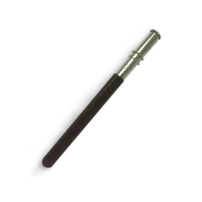 e+m Germany Peanpole Walnut Pencil Extender holding a pencil, showcasing its wooden walnut finish and compact design for extended pencil use.