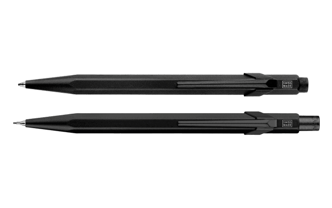Caran D'Ache Set 849 Black Code ballpoint pen and mechanical pencil, special edition with sleek black design and metal accents.
