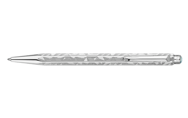 Caran D'Ache Ecridor Alpine Frost and Polar Blue ballpoint pen set with leather case, showcasing elegant pens and premium packaging.