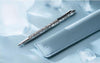 Caran D'Ache Ecridor alpine frost and polar blue ballpoint pen set with leather case, showing detailed close-up of the pens.