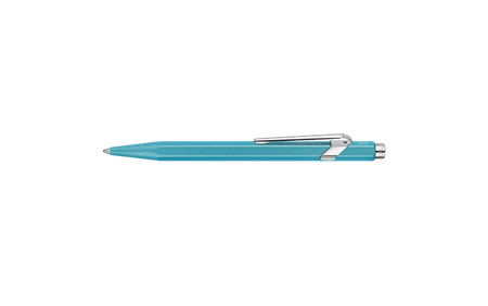 Caran D'Ache Ballpoint Pen 849 in turquoise with silver clip, sleek design, and smooth ink flow.