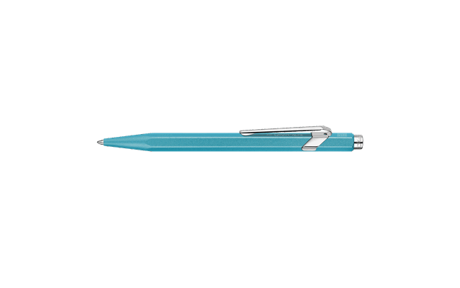 Caran D'Ache Ballpoint Pen 849 in turquoise with silver clip, sleek design, and smooth ink flow.