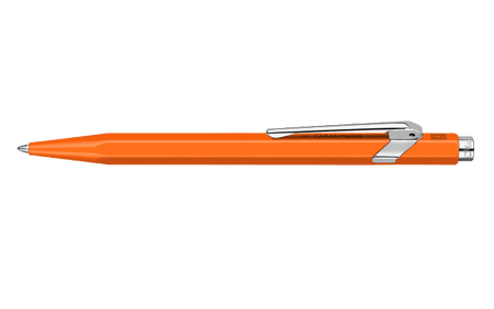 Caran D'Ache Ballpoint Pen 849 in vibrant orange with a sleek design and matching carrying case.
