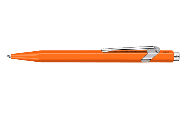 Caran D'Ache Ballpoint Pen 849 in vibrant orange with a sleek design and matching carrying case.