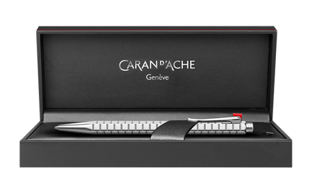 Caran D'Ache Platinum-Coated Ecridor Avenue rollerball pen with detailed close-up of the elegant gold finish and sleek design.