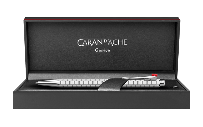 Caran D'Ache Platinum-Coated Ecridor Avenue rollerball pen with detailed close-up of the elegant gold finish and sleek design.