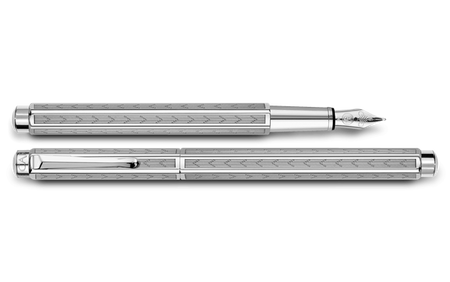 Caran D'Ache Platinum-Coated Ecridor Chevron fountain pen with detailed chevron pattern and platinum finish.