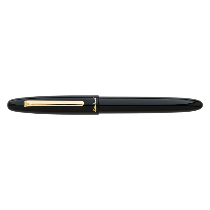 Esterbrook Estie ebony fountain pen with gold fittings, showcasing a sleek black body and elegant gold accents.