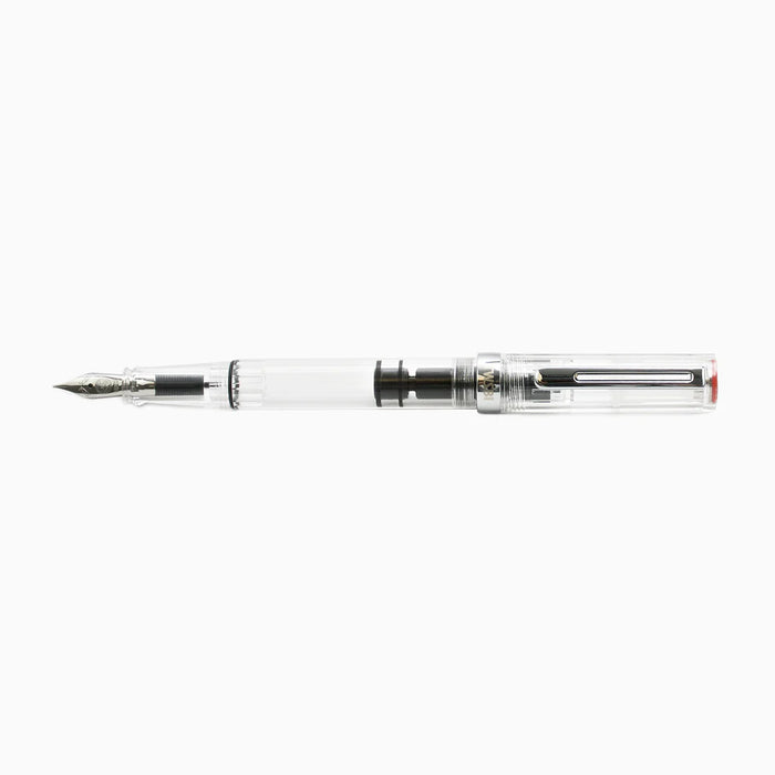 Twsbi Eco-T Clear fountain pen with transparent body and silver nib, showcasing the smooth, modern design of the Twsbi brand.