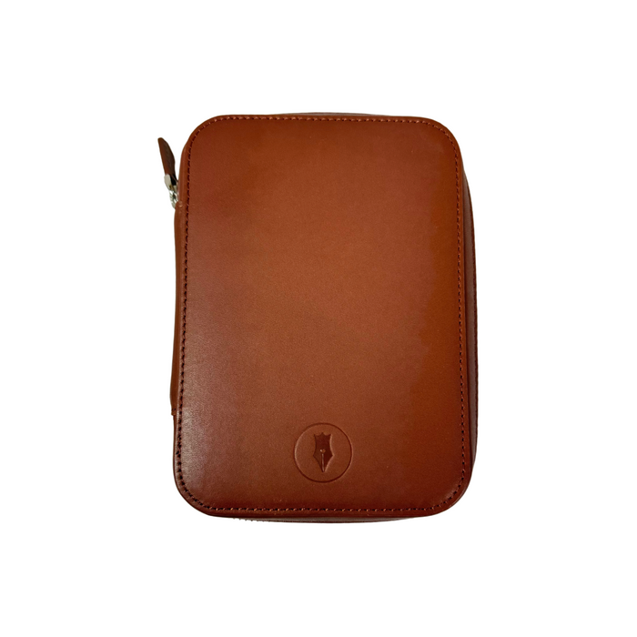 Eng Leather Co. walnut brown leather 4-slot A6 pen case with sleek design and secure closure, ideal for organizing pens and writing accessories.
