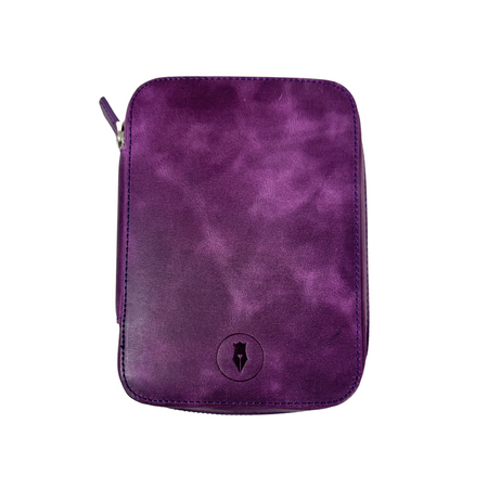 Light dark violet leather Eng Leather Co. 4-slot A6 pen case with a flat design and durable stitching.